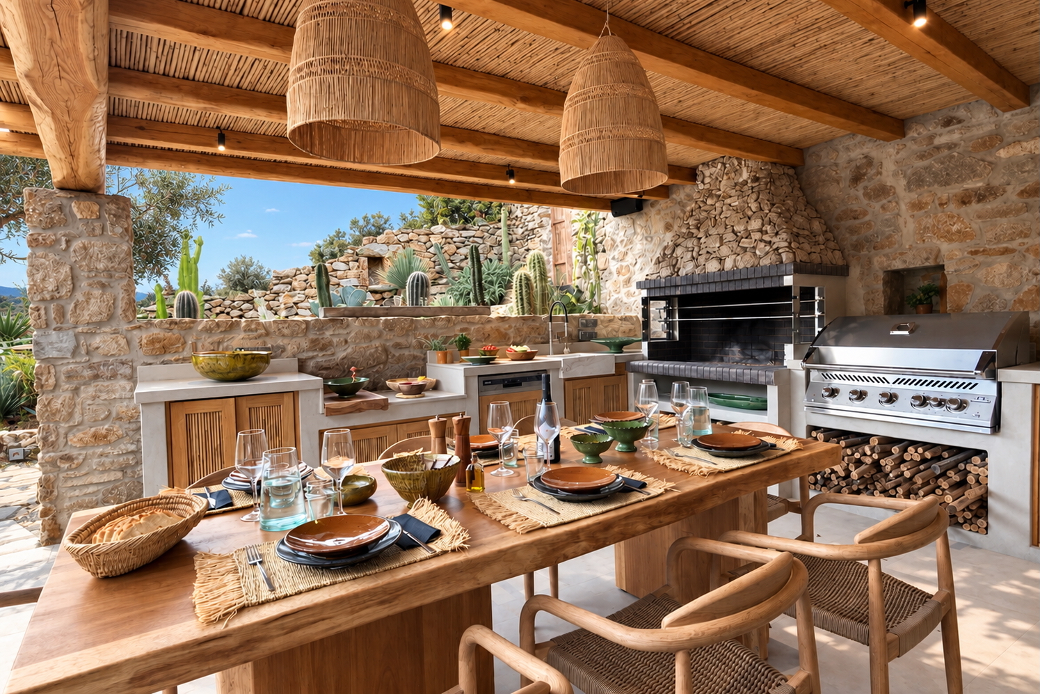 Covered outdoor kitchen and dining terrace with stone walls, woven pendant lights, a set wooden table and a stainless steel grill