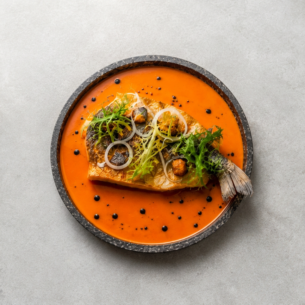 Fish fillet in a saffron-hued bisque