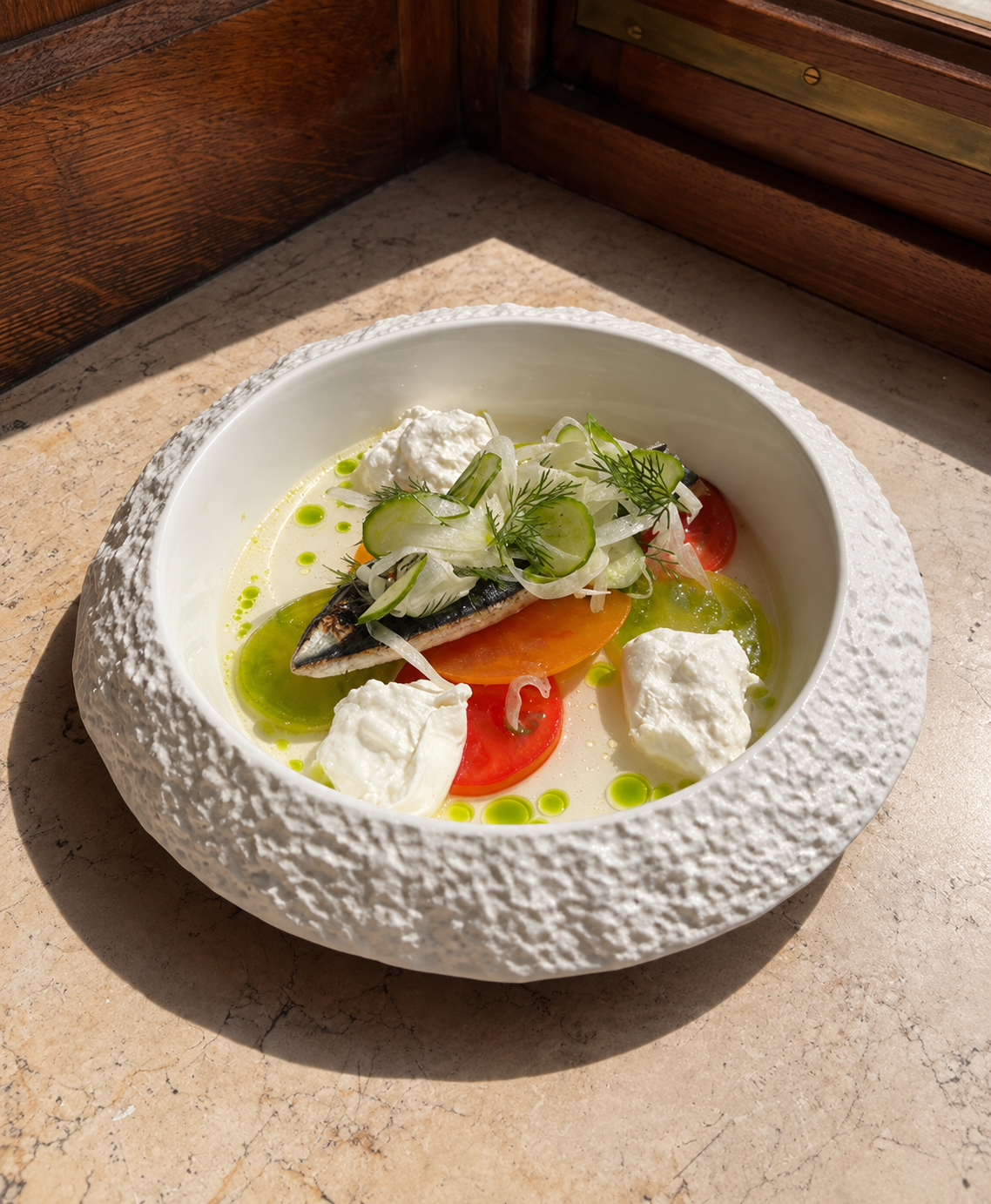 Mackerel with tomatoes, fresh cheese, cucumber and dill in a textured white bowl