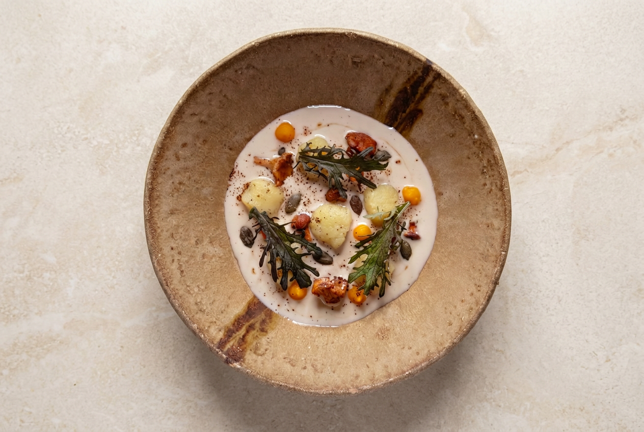 Gnocchi with chanterelles in a cream emulsion on stone
