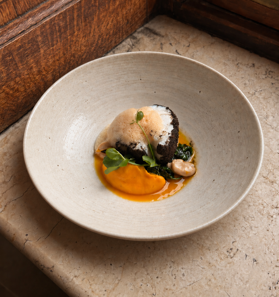 Poached fish with orange purée, herbs and shellfish in a ceramic bowl