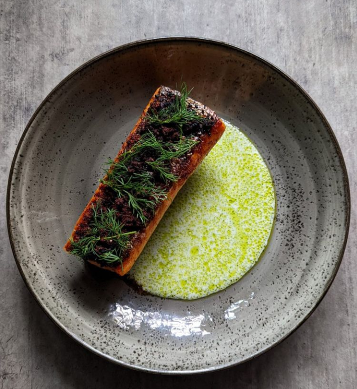 Glazed salmon with dill in a bright herb emulsion