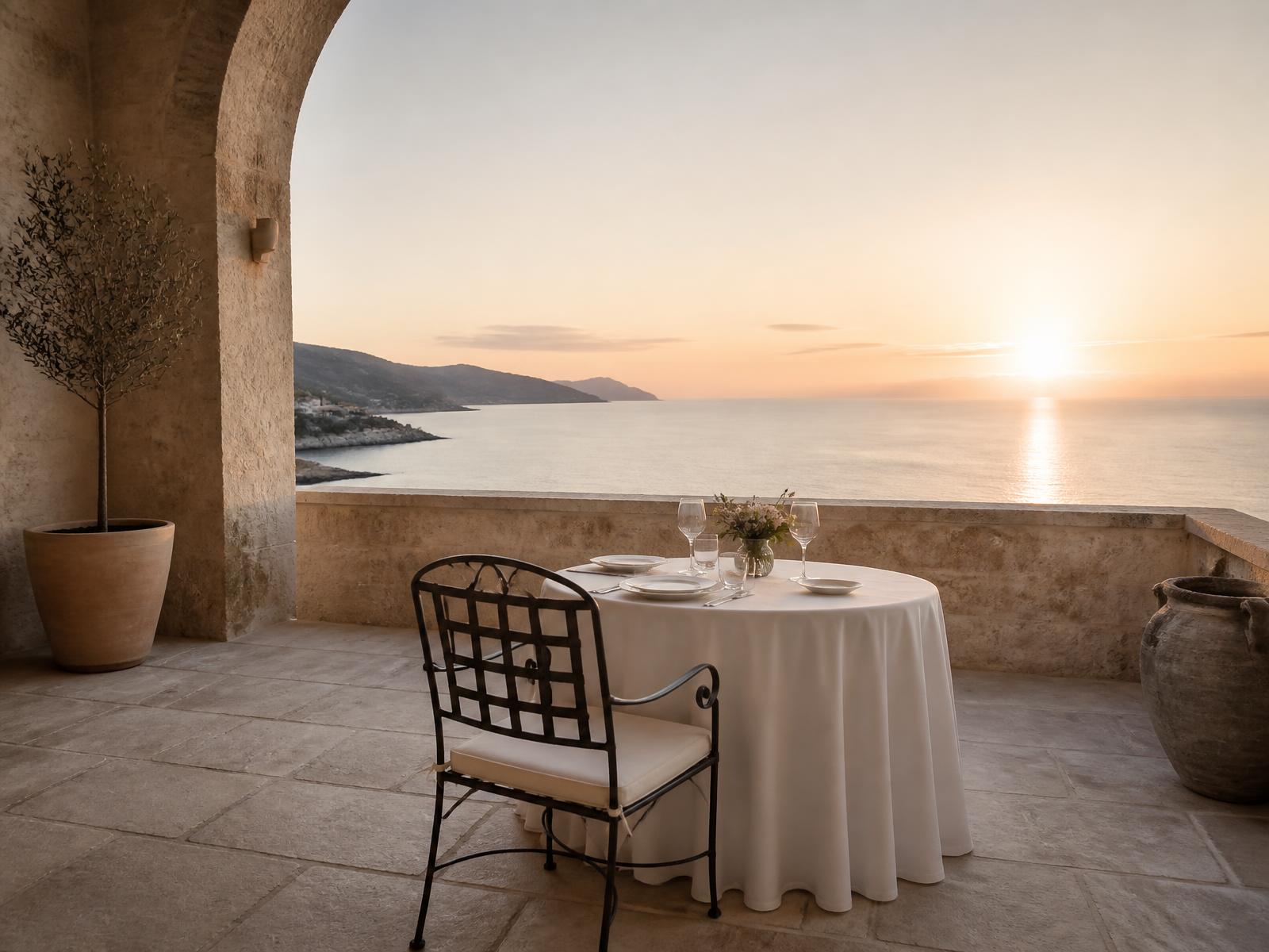 A single table set on a Mediterranean stone terrace at sunrise