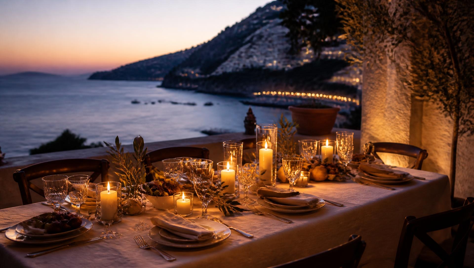Candlelit private dinner table on a seaside terrace at dusk